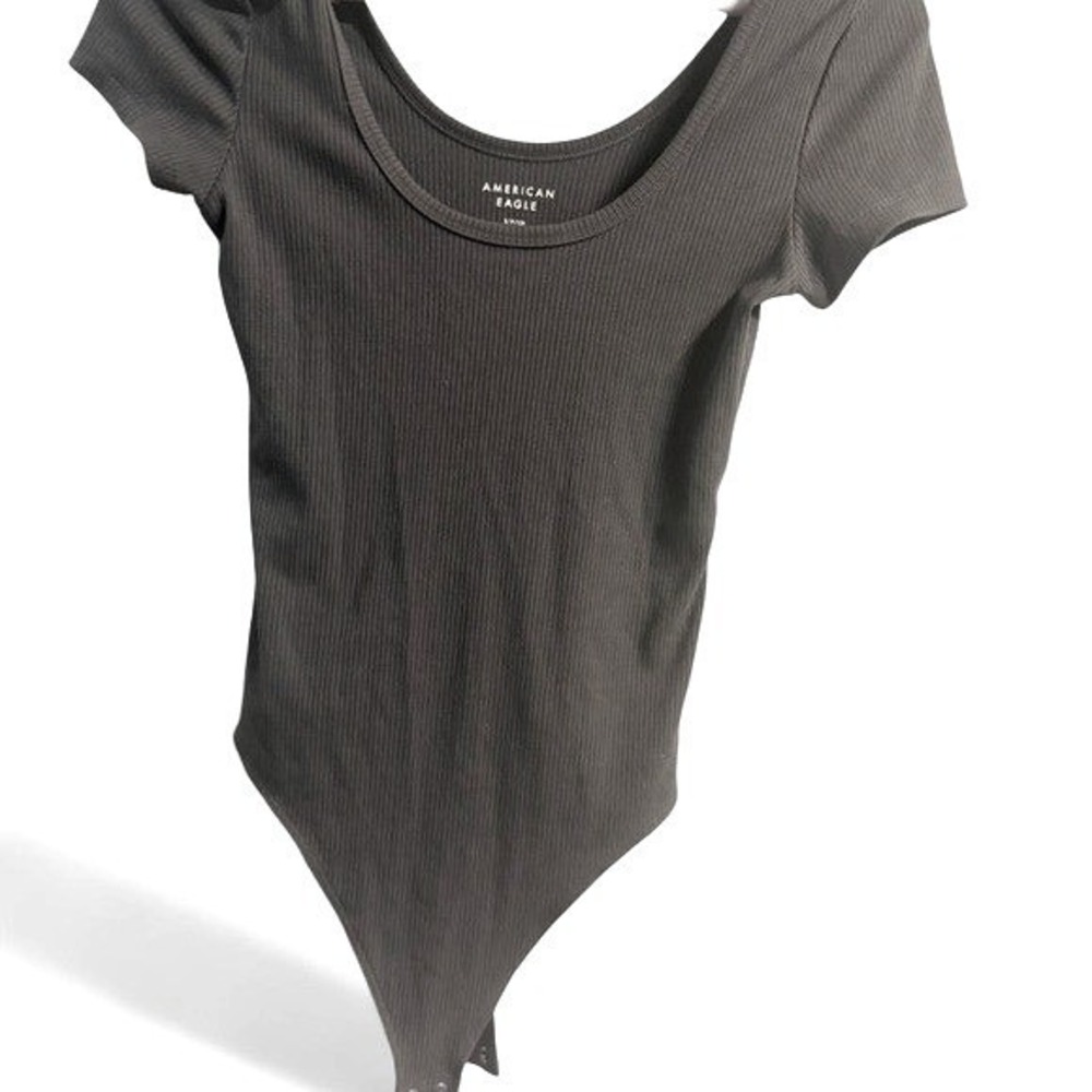 American Eagle Ribbed Short Sleeve Scoop Neck Bodysuit Dark Gray Charcoal Small